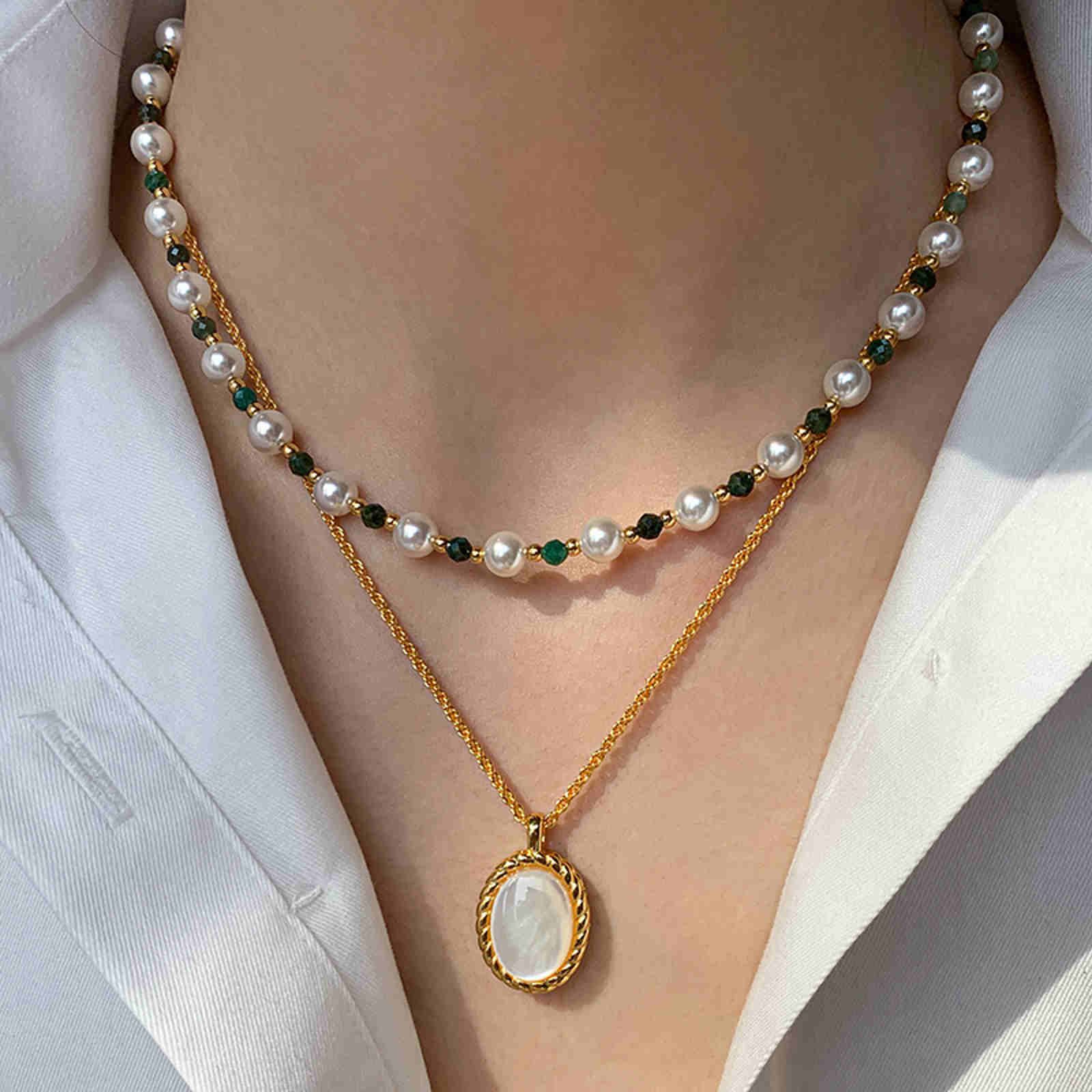 Shell Pearl with Natural Green Stone Necklace Double Layer Necklace