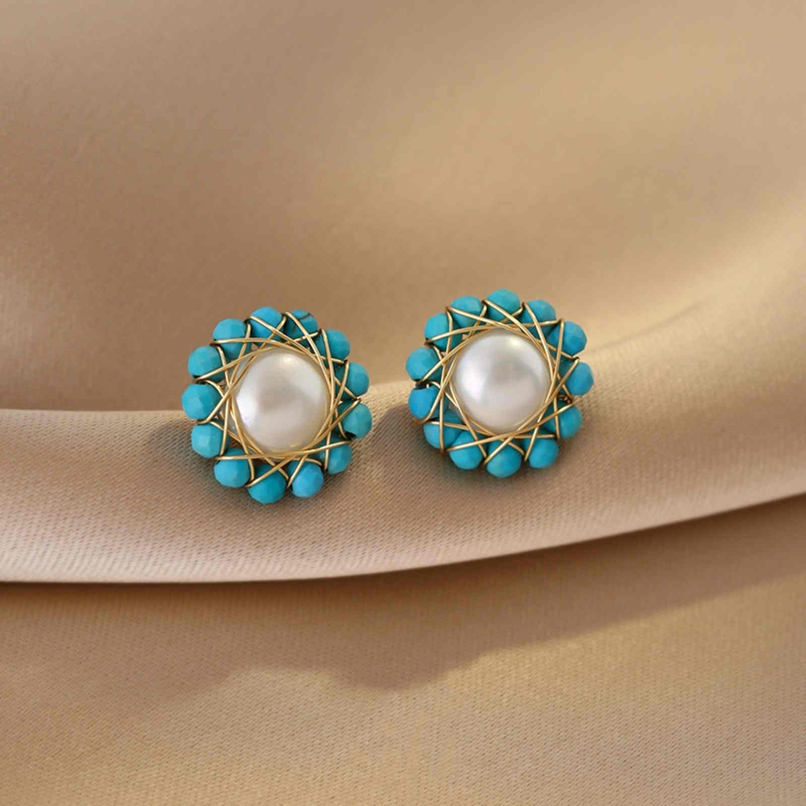AAA Freshwater Pearl Earrings | Sunflower Design Real Pearl Stud Earrings with Stones (8-9mm)
