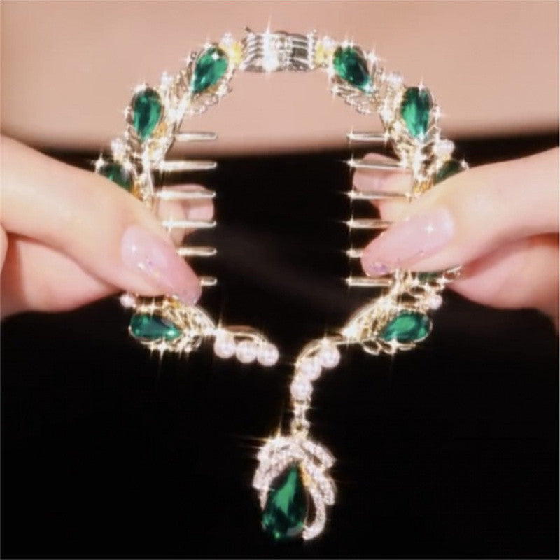 Green Crystal Hair Pin Luxury Hair Clip with Diamond Pendant