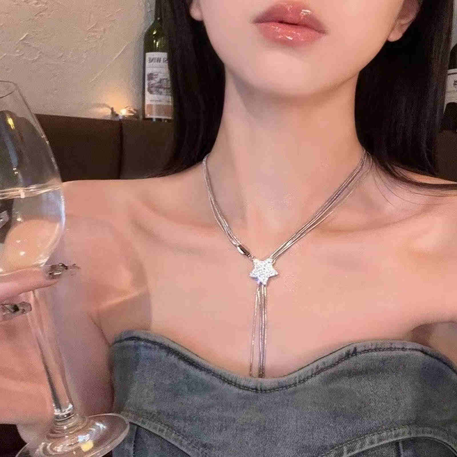 Silver Long Tassel Necklace Shiny Long Necklace with Star Clasp