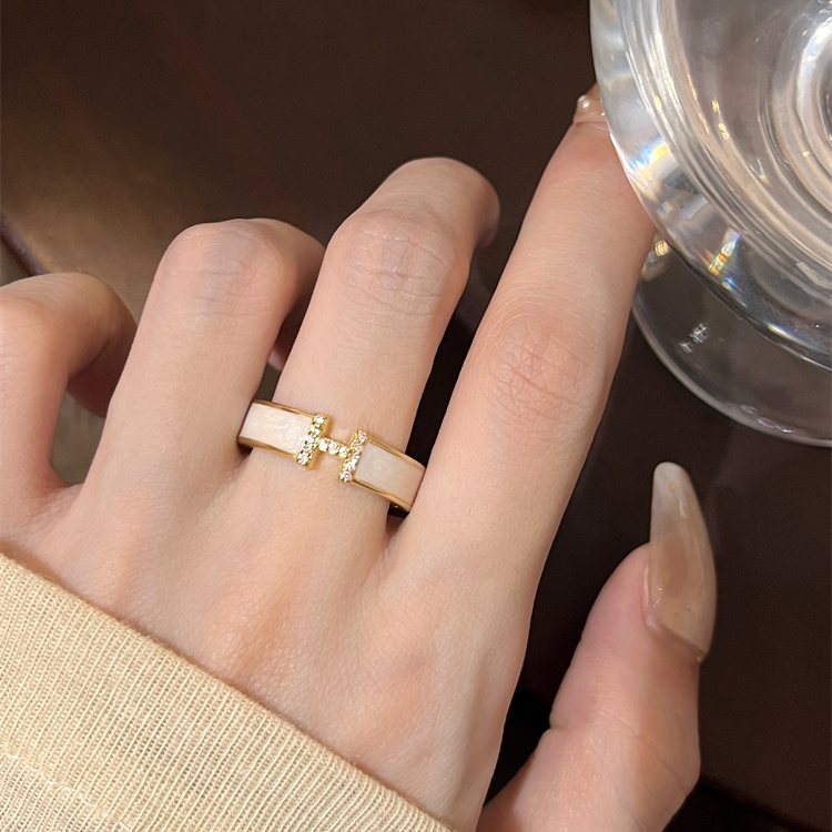 Enamel Adjustable Ring Crystal H Design Mother of Pearl Gold Open Ring