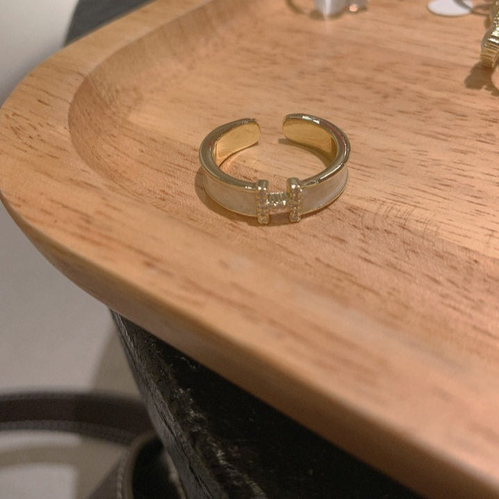 Enamel Adjustable Ring Crystal H Design Mother of Pearl Gold Open Ring
