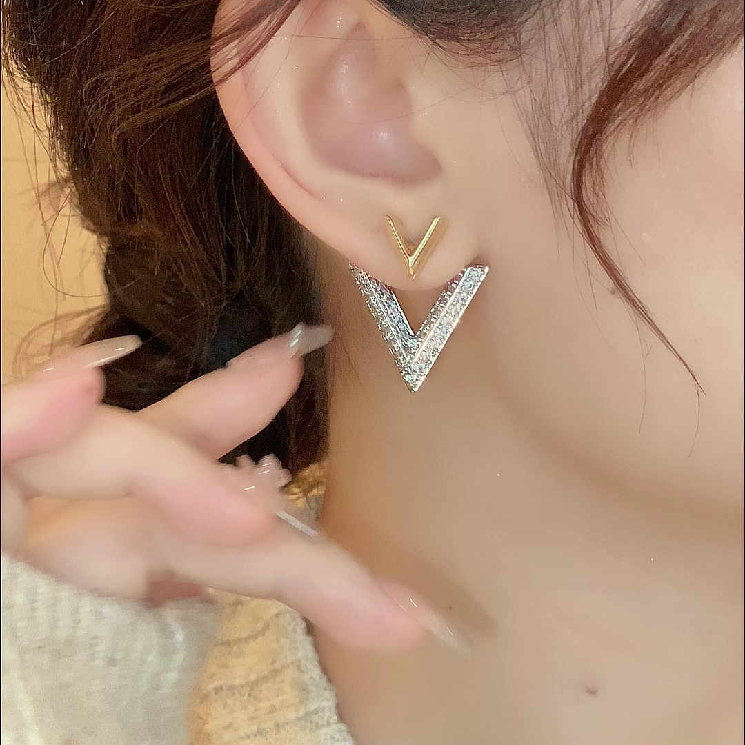 Luxury Double V Earring Jackets Gold and Crystal Drop Earrings S925 Silver Pin