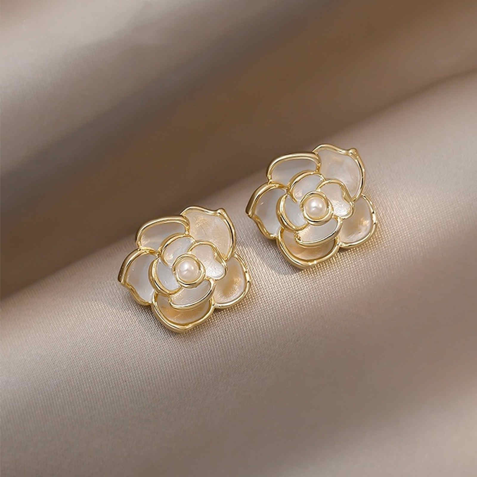 Pearl Flower Stud Earrings | Pearl Stud Earrings | Camellia Earrings with Sterling Silver Pins