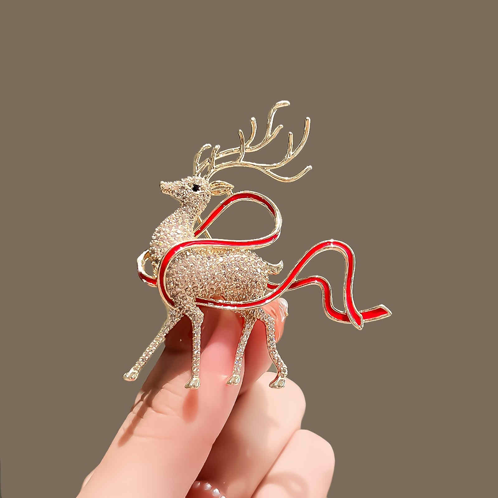 Crystal Elk Brooch Pin Deer Wearing Red Ribbon Christmas Brooch Pin