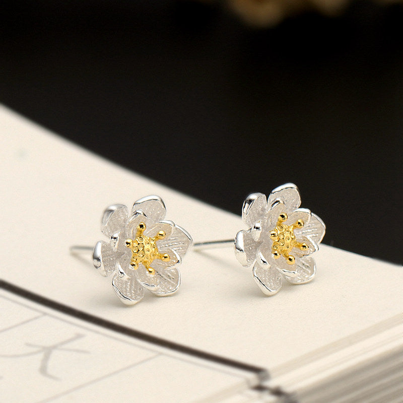 Pure Sterling Silver Lotus Stud Earrings Elegant Solid 999 Silver Stud