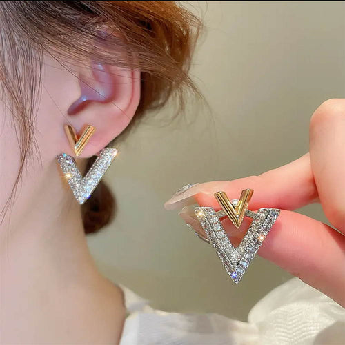 Luxury Double V Earring Jackets Gold and Crystal Drop Earrings S925 Silver Pin