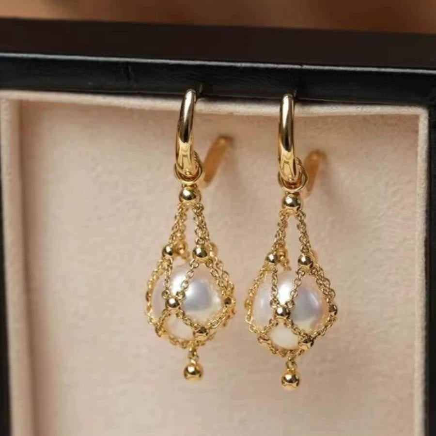 Pearl Net Pendant Necklace and Earrings Gold and Silver Luxury Collarbone Necklace Long Dress Chain