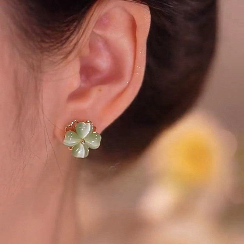 Opal Clover Stud Earrings Necklace and Rings White and Green Lucky Four Leaf Jewelry Set