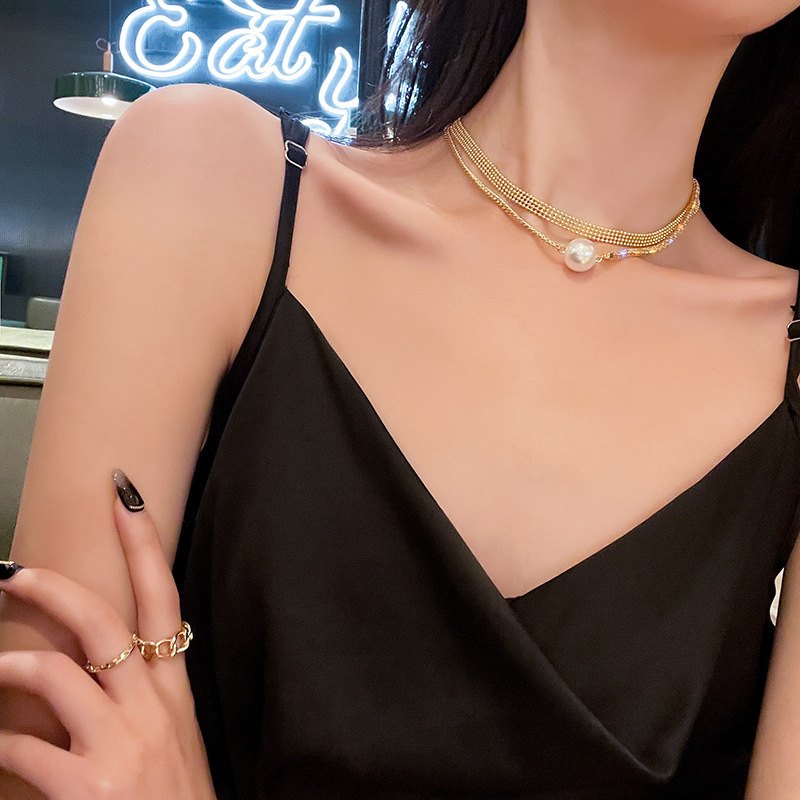 【Crazy Deal】13MM Pearl Pendant Necklace | Gold Double Chain Clavicle Chain | Crystal Chain and 14K Gold Plated