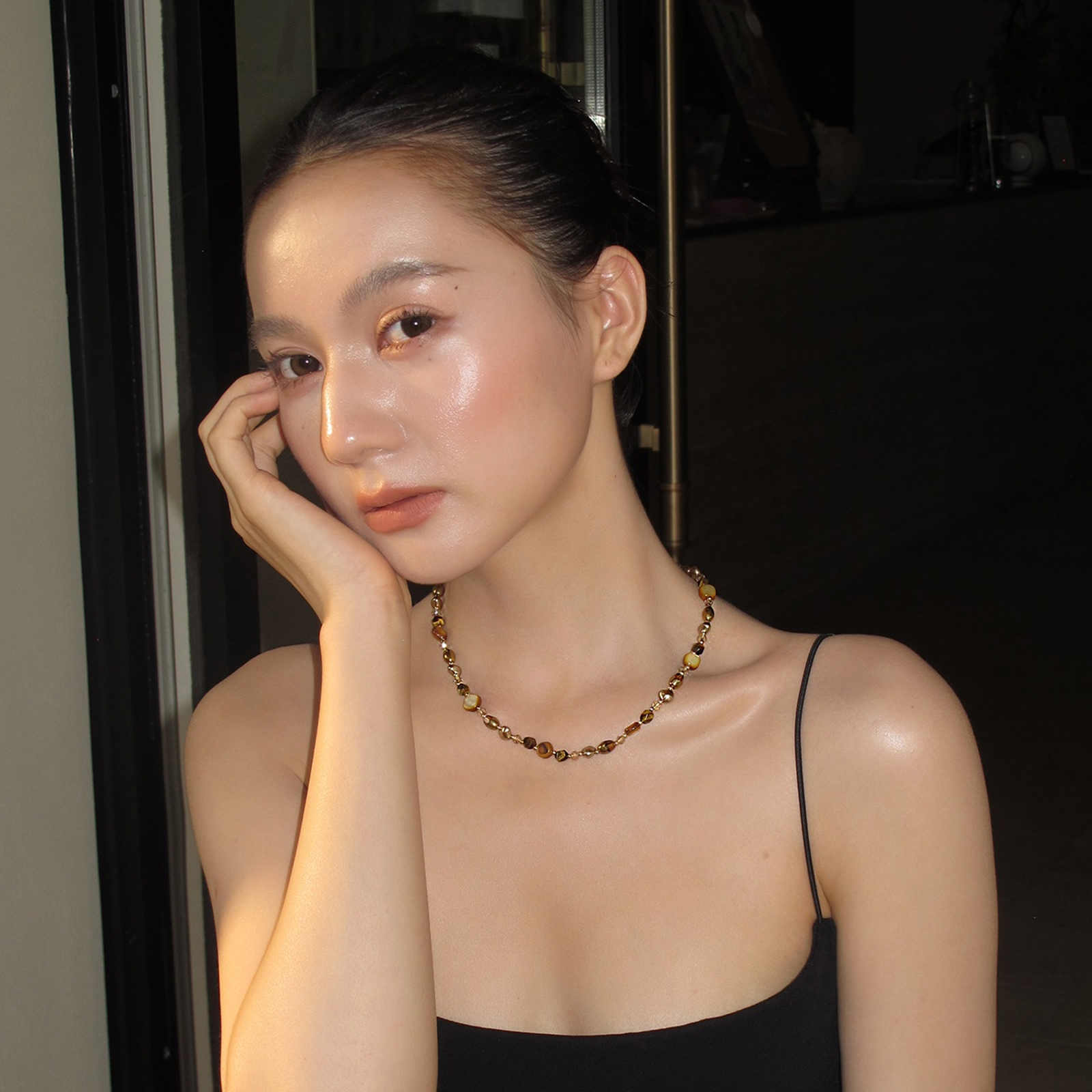 Natural Stone Necklace Tiger Eye Brown Stone with Baroque Pearl Necklace 45cm