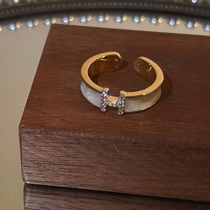 Enamel Adjustable Ring Crystal H Design Mother of Pearl Gold Open Ring