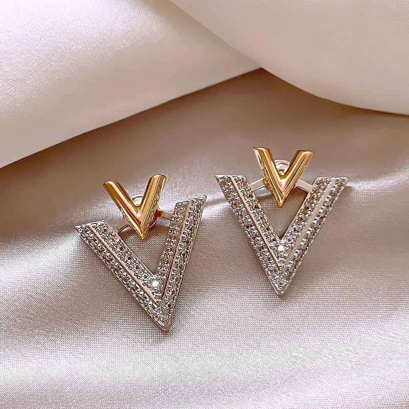 Luxury Double V Earring Jackets Gold and Crystal Drop Earrings S925 Silver Pin