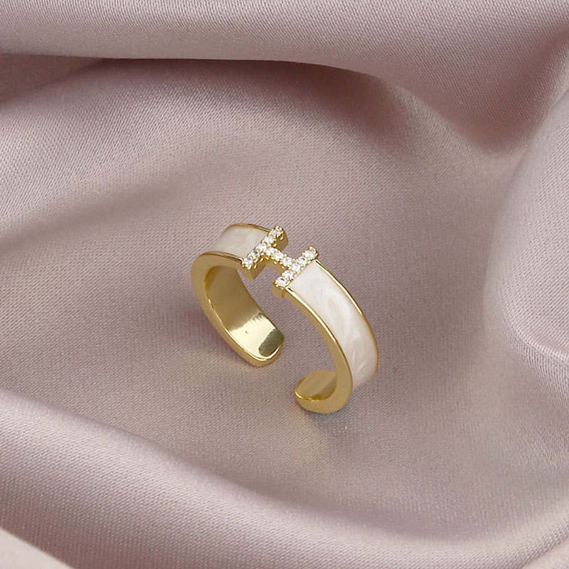 Enamel Adjustable Ring Crystal H Design Mother of Pearl Gold Open Ring