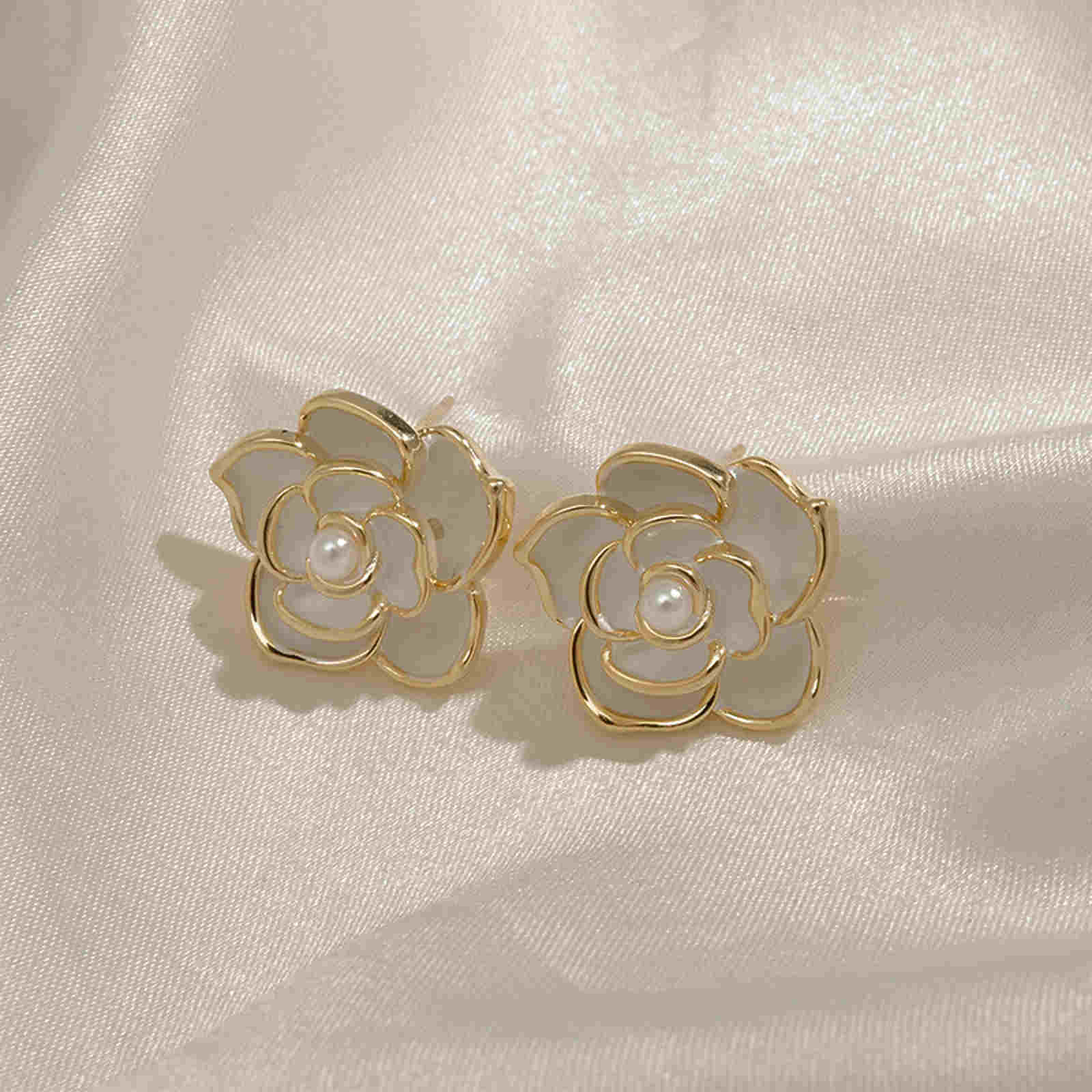 Pearl Flower Stud Earrings | Pearl Stud Earrings | Camellia Earrings with Sterling Silver Pins