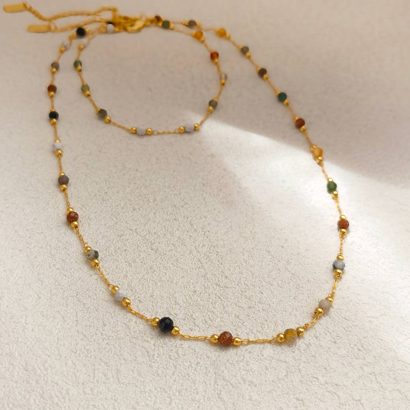 Natural Stone Gold Chain Chic Necklace Colorful Stone With 14K Gold Plated Clasp