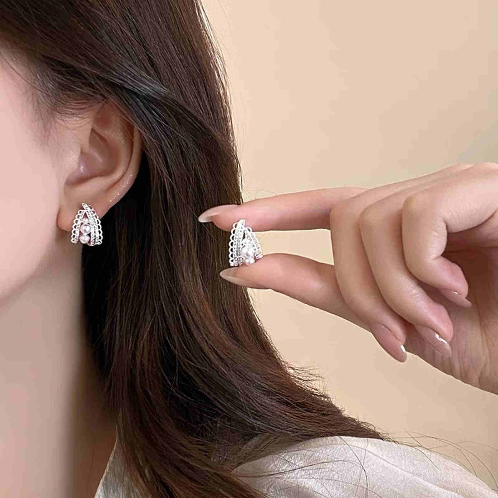 Elegant Lace Hoop Earrings White and Gray Pearl Earring Hoops with Silver Pin