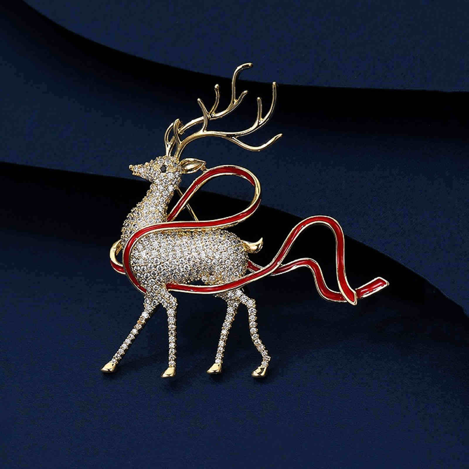 Crystal Elk Brooch Pin Deer Wearing Red Ribbon Christmas Brooch Pin