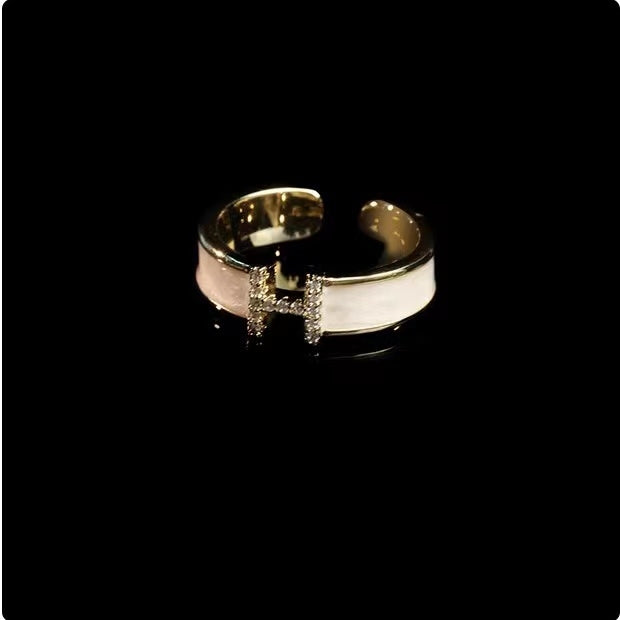Enamel Adjustable Ring Crystal H Design Mother of Pearl Gold Open Ring