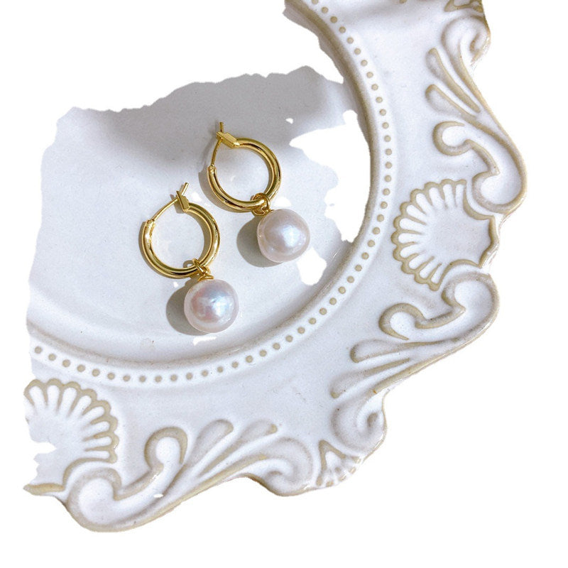 10MM Freshwater Pearl Drop Earrings | AAA Big Real Pearl Earrings | Freshwater Peal Dangle Earrings in 14K Gold Over Sterling Silver