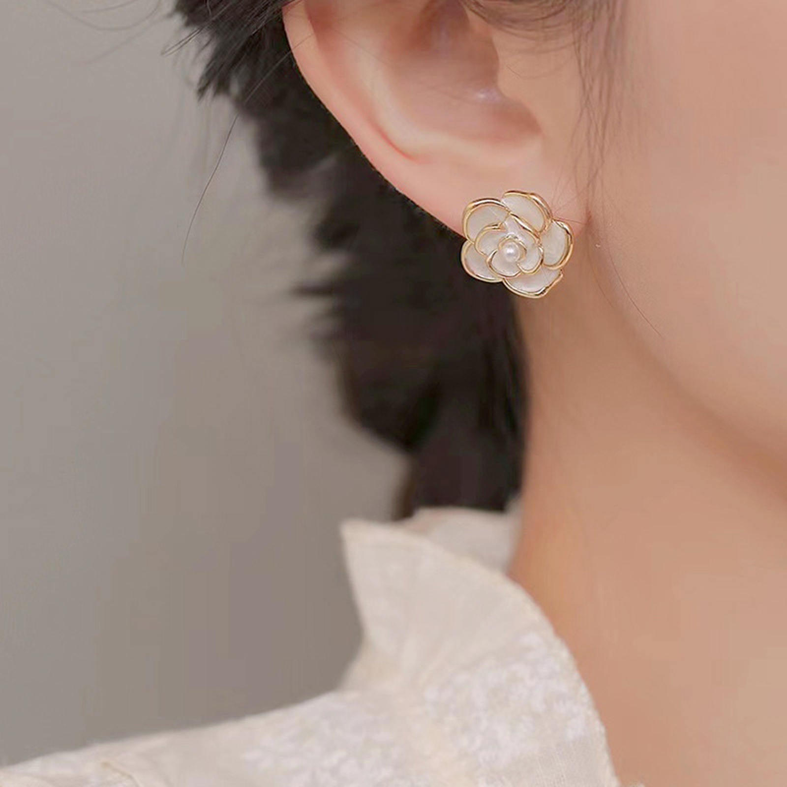 Pearl Flower Stud Earrings | Pearl Stud Earrings | Camellia Earrings with Sterling Silver Pins