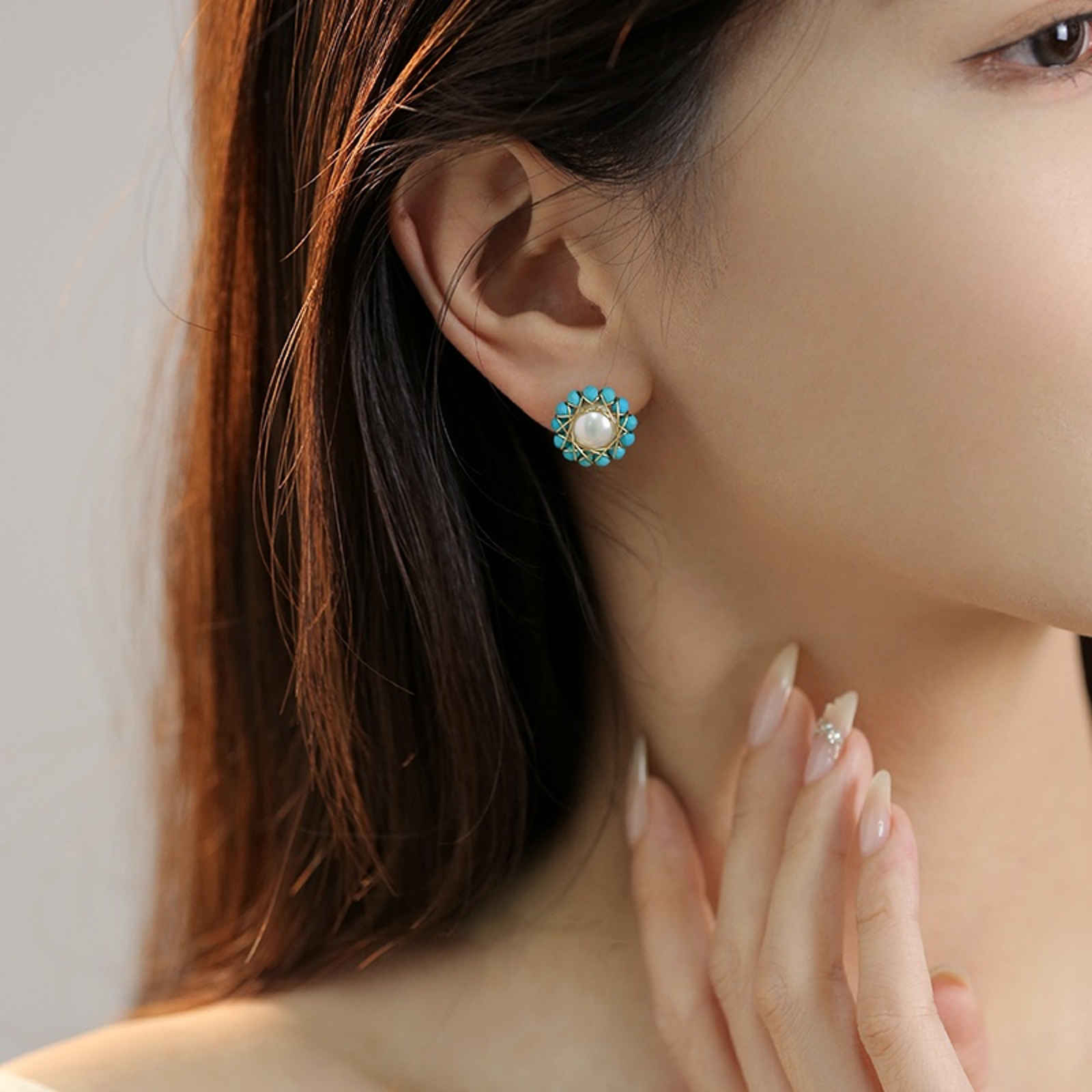 AAA Freshwater Pearl Earrings | Sunflower Design Real Pearl Stud Earrings with Stones (8-9mm)