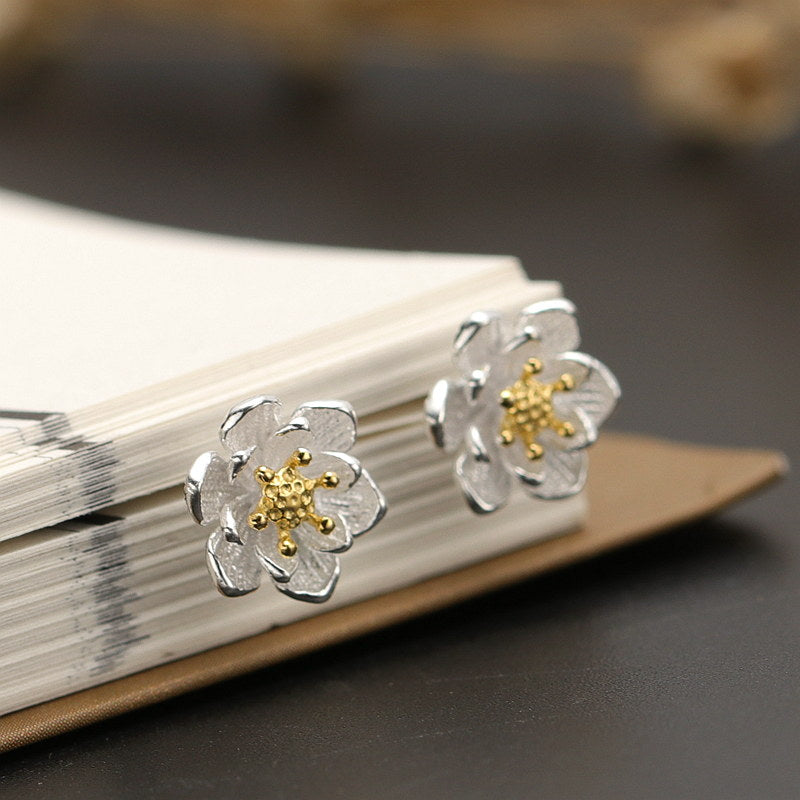 Pure Sterling Silver Lotus Stud Earrings Elegant Solid 999 Silver Stud