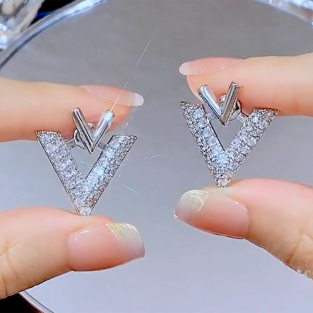Luxury Double V Earring Jackets Gold and Crystal Drop Earrings S925 Silver Pin