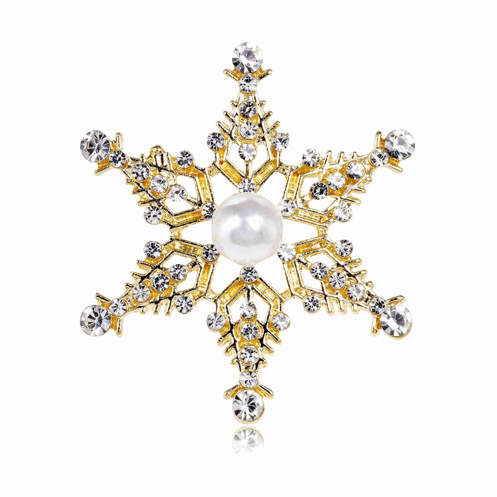 Snowflake Brooch Crystal and Pearl Christmas Brooch Pin Gold and Silver Snow Brooches