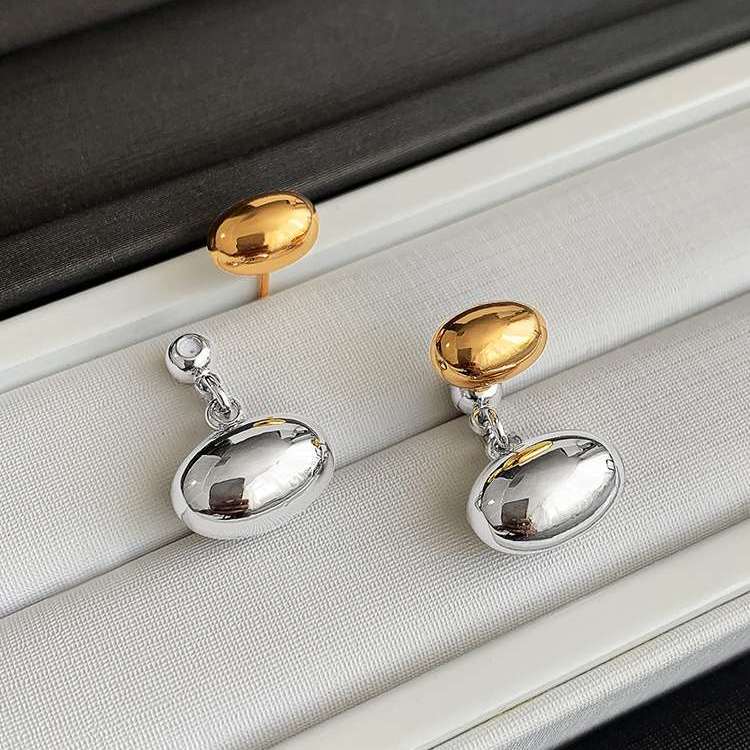 Chaquetas con pendientes de frijol dorado y plateado Pendientes colgantes delanteros y traseros con vibración metálica con pin de plata S925