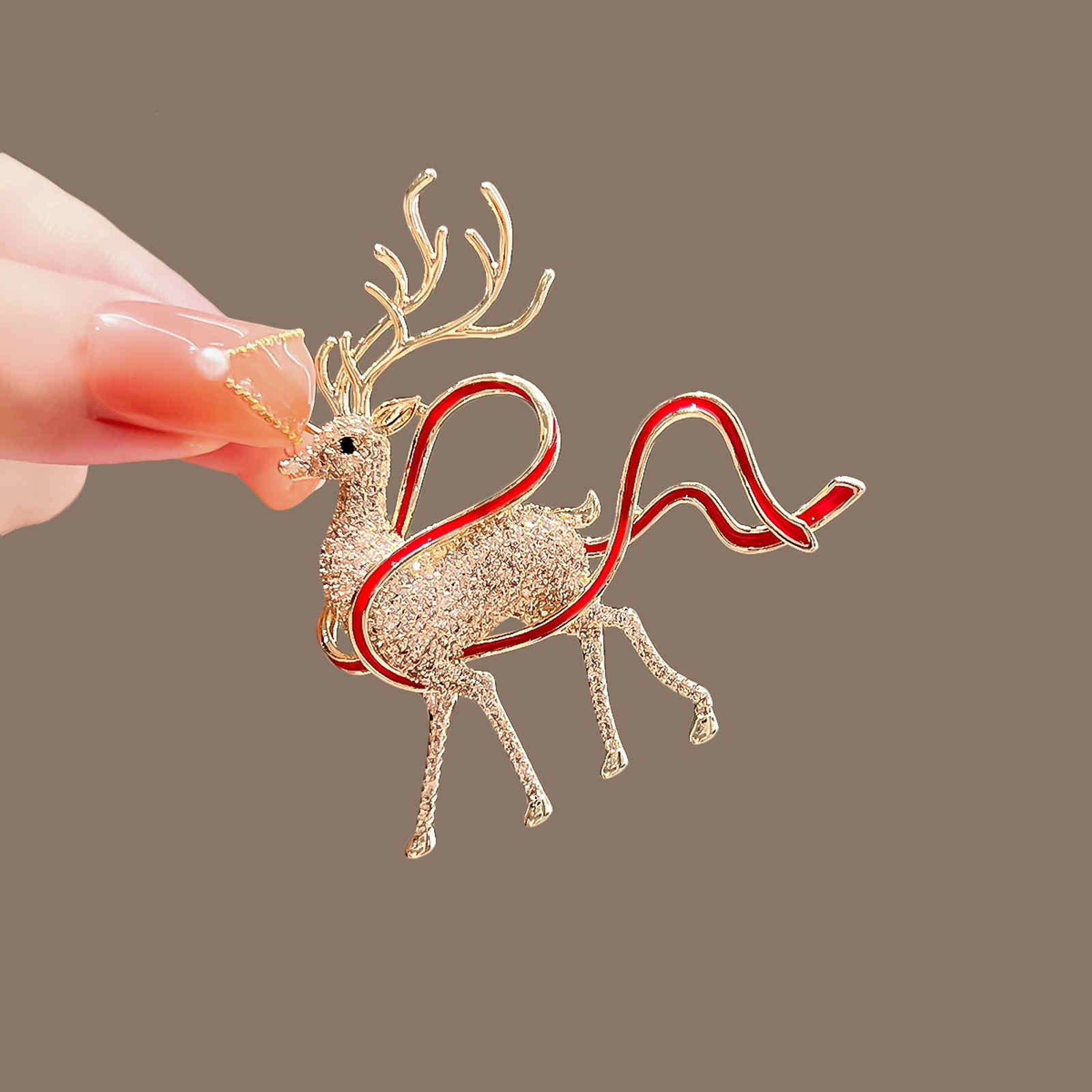 Crystal Elk Brooch Pin Deer Wearing Red Ribbon Christmas Brooch Pin