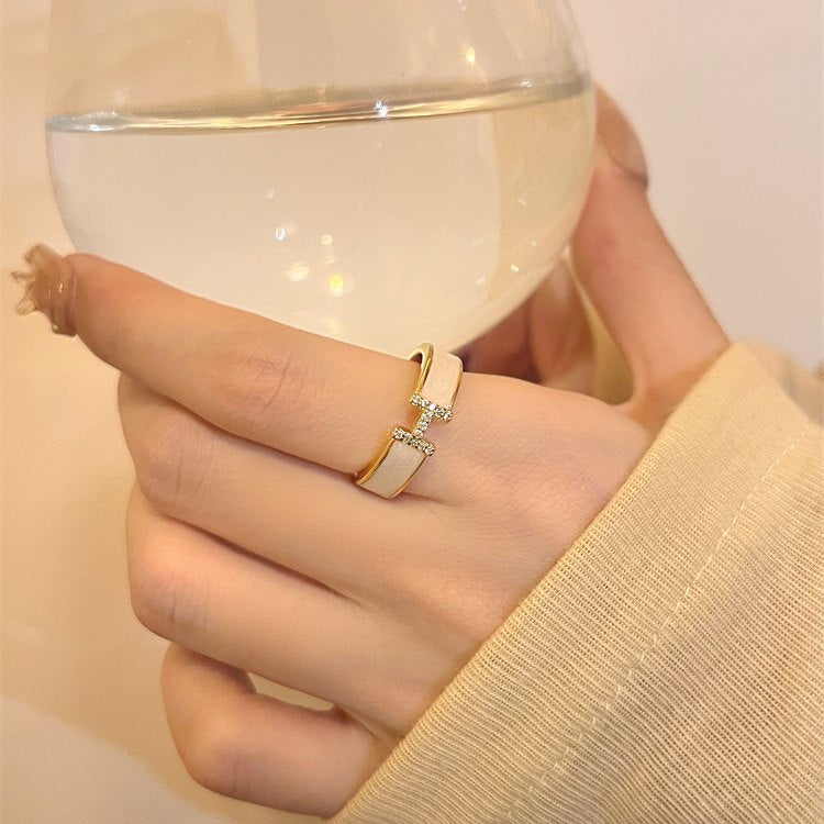 Enamel Adjustable Ring Crystal H Design Mother of Pearl Gold Open Ring