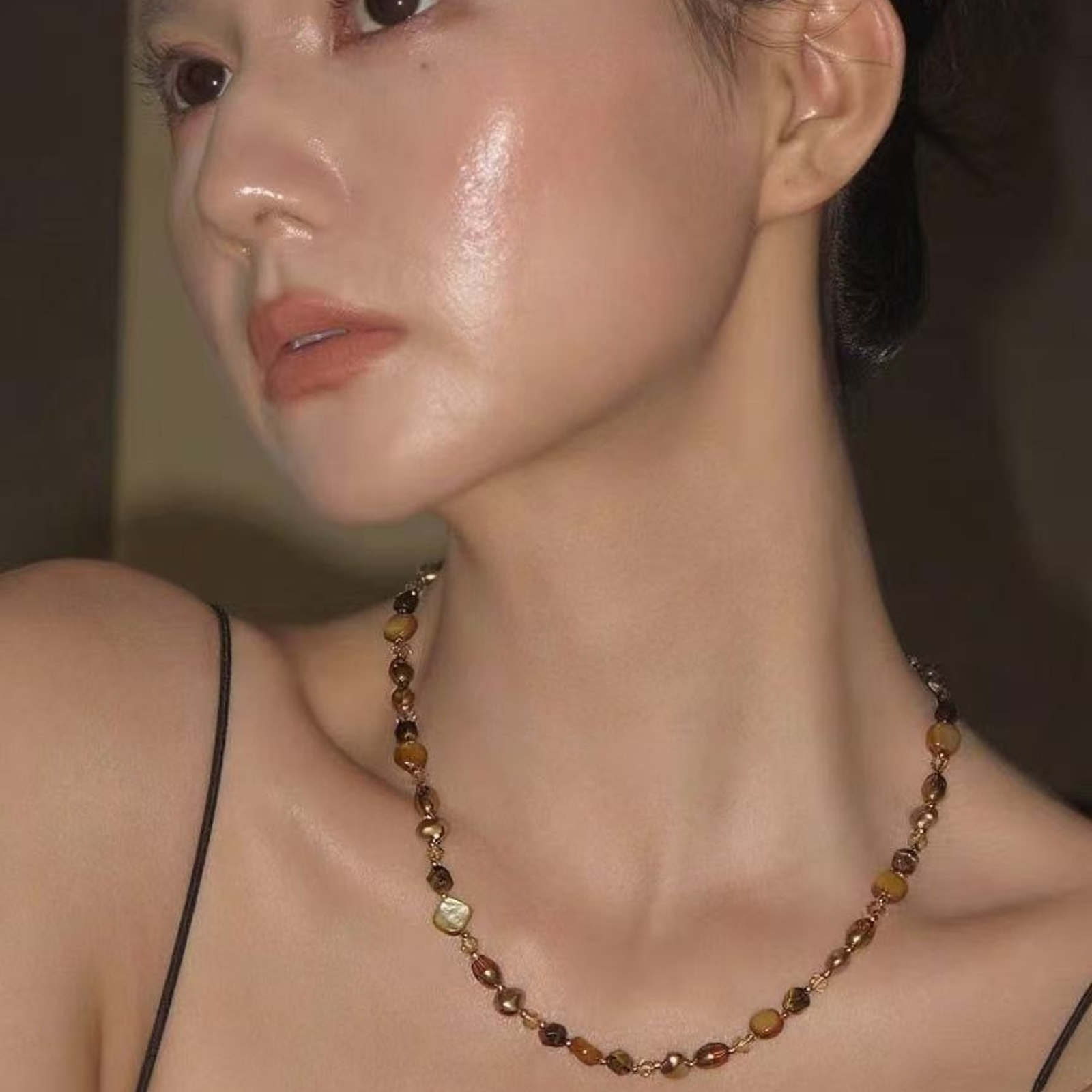 Natural Stone Necklace Tiger Eye Brown Stone with Baroque Pearl Necklace 45cm