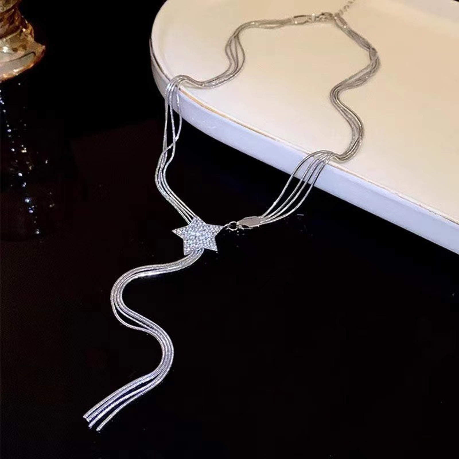 Silver Long Tassel Necklace Shiny Long Necklace with Star Clasp
