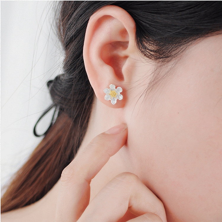 Pure Sterling Silver Lotus Stud Earrings Elegant Solid 999 Silver Stud