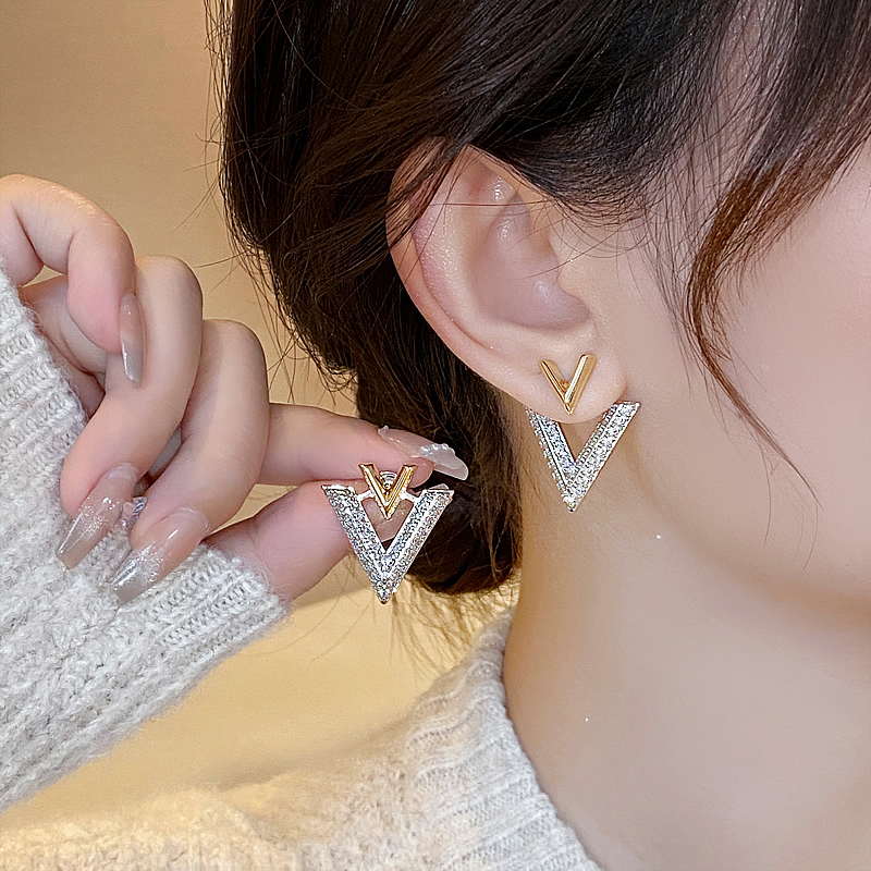 Luxury Double V Earring Jackets Gold and Crystal Drop Earrings S925 Silver Pin