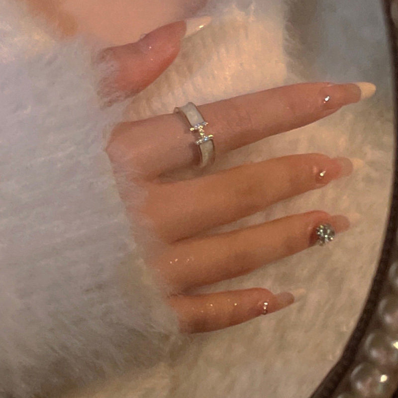 Enamel Adjustable Ring Crystal H Design Mother of Pearl Gold Open Ring