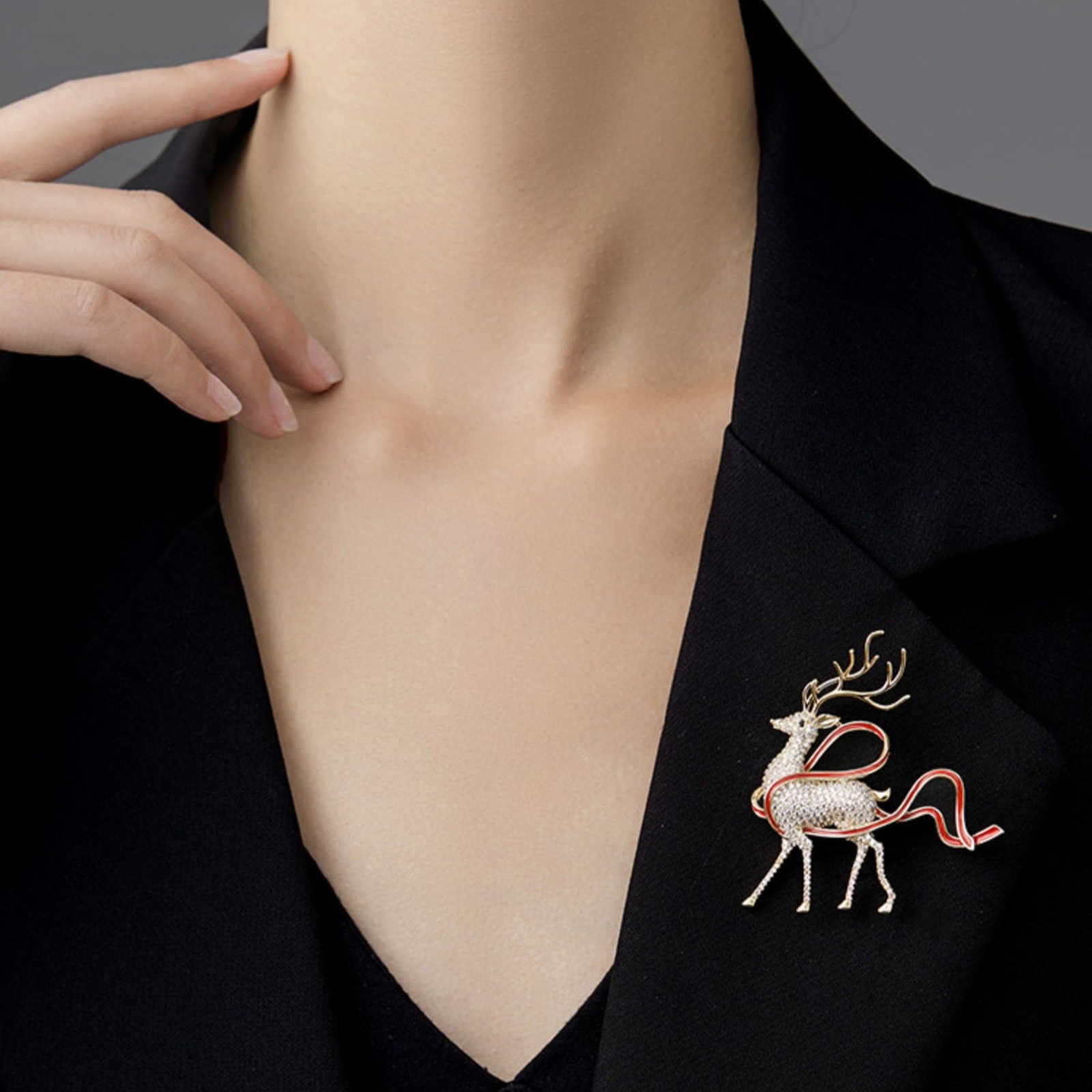 Crystal Elk Brooch Pin Deer Wearing Red Ribbon Christmas Brooch Pin