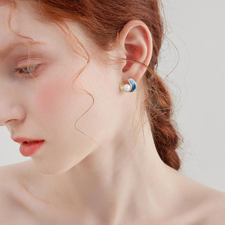 Aretes de perlas de agua dulce, aretes en forma de U de oro de 14 quilates con perlas blancas y pasador de plata