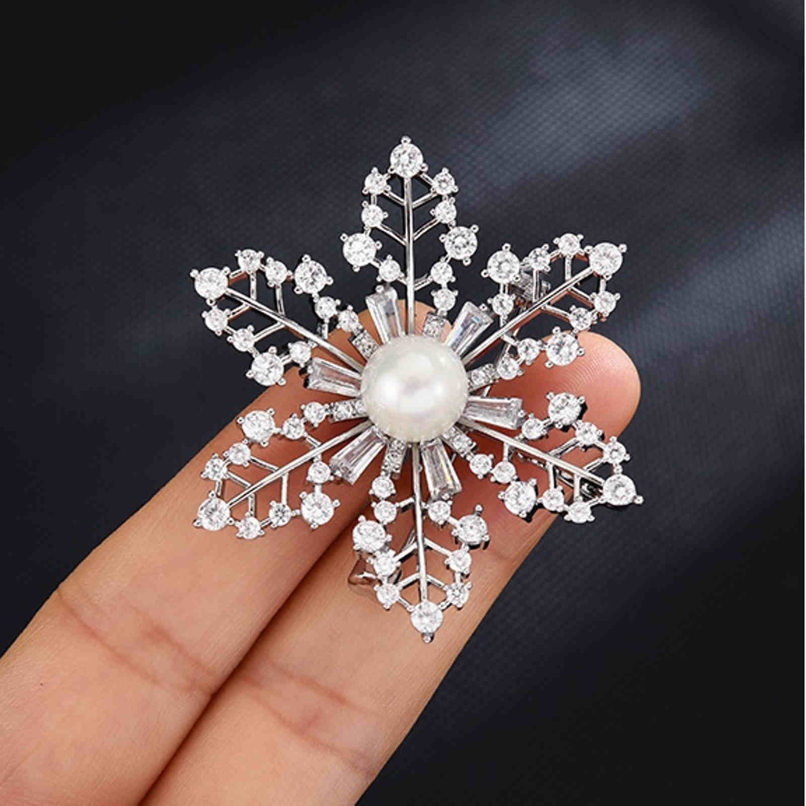 Snowflake Brooch Crystal and Pearl Christmas Brooch Pin Gold and Silver Snow Brooches