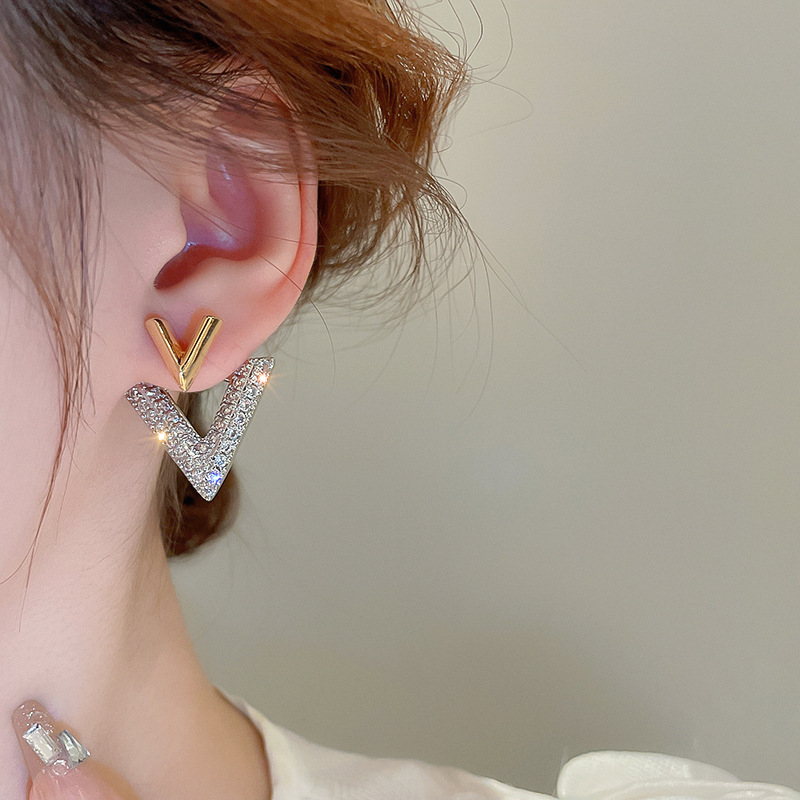 Luxury Double V Earring Jackets Gold and Crystal Drop Earrings S925 Silver Pin