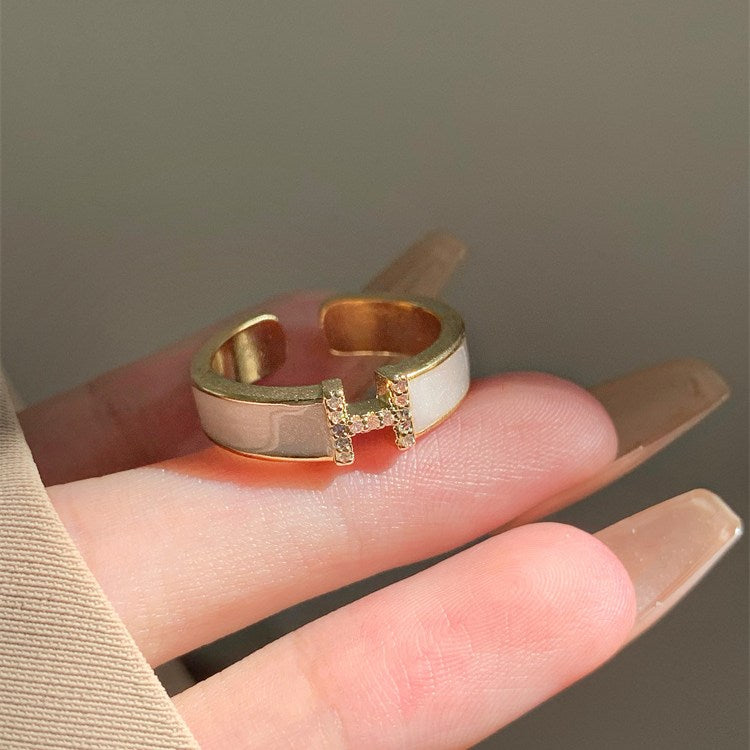 Enamel Adjustable Ring Crystal H Design Mother of Pearl Gold Open Ring