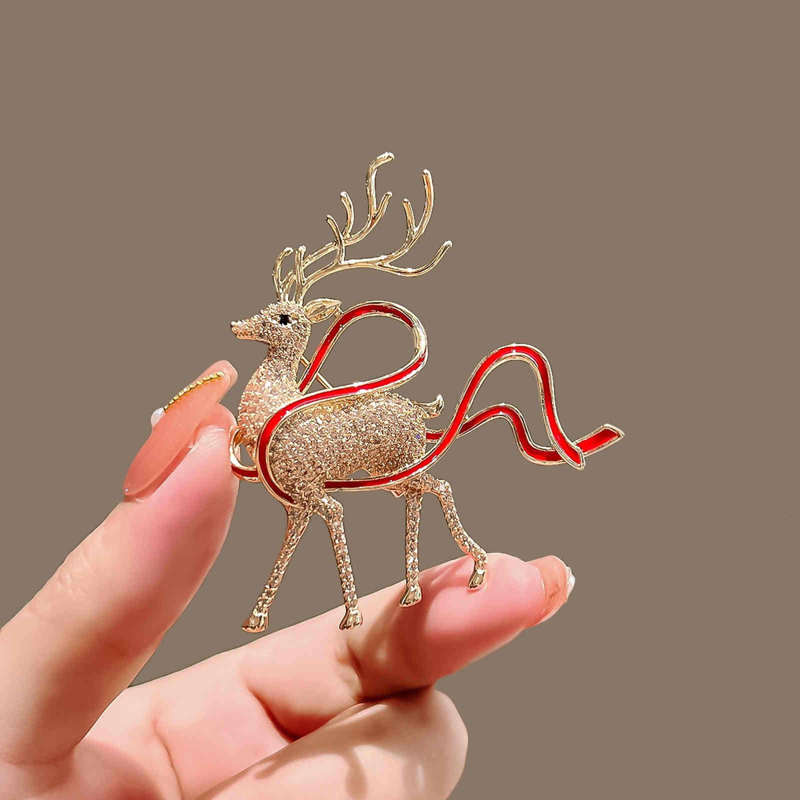 Crystal Elk Brooch Pin Deer Wearing Red Ribbon Christmas Brooch Pin