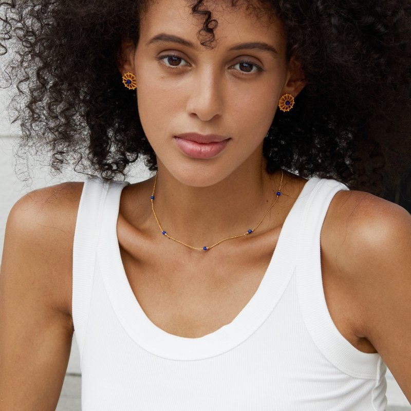 Lapis Lazuli Necklace Natural Blue Stone Necklace Gold Chain 17 inches / 45cm