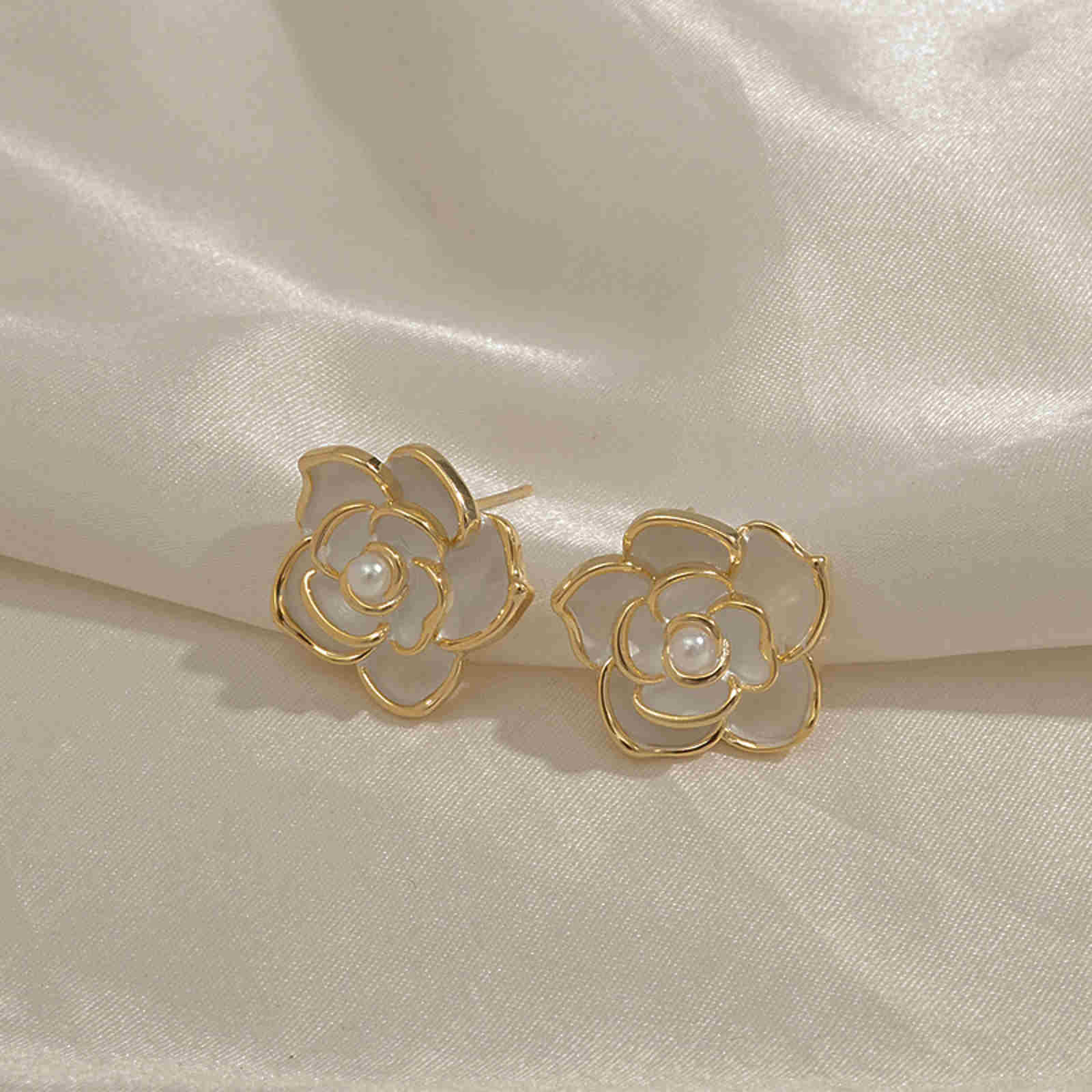 Pearl Flower Stud Earrings | Pearl Stud Earrings | Camellia Earrings with Sterling Silver Pins