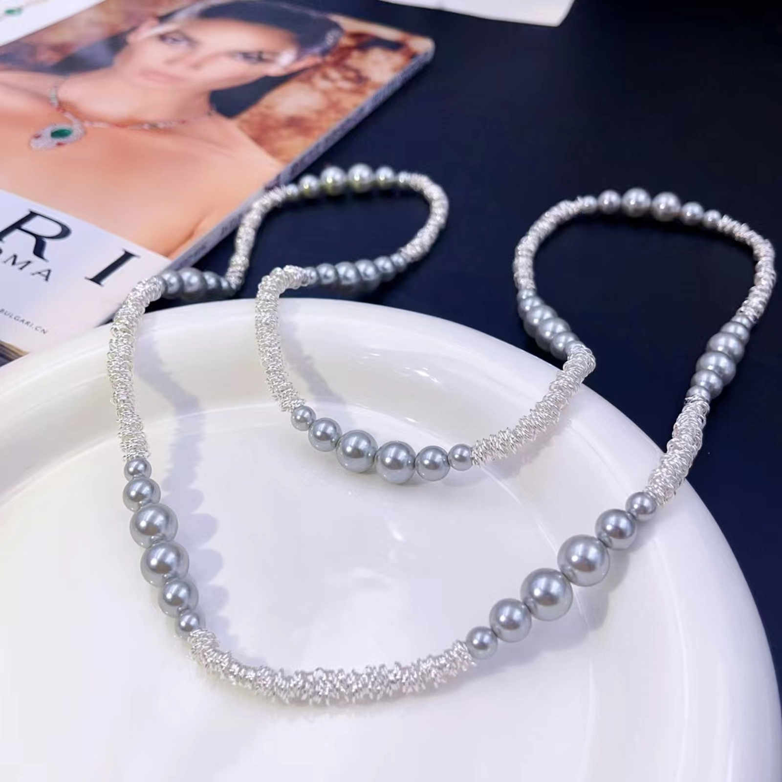 100cm Long Shell Pearl Necklace with Shiny Shattered Silver Design A Lady's Must-Have