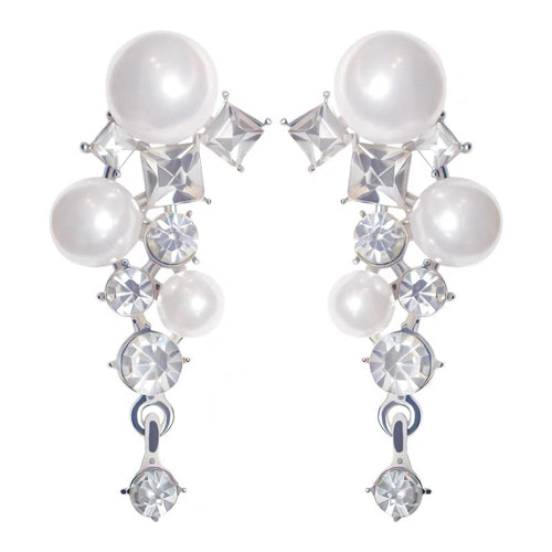 Pearl and Crystal Ear Clip Silver Grape Design Pearl Dangling Earrings with Silver Pin