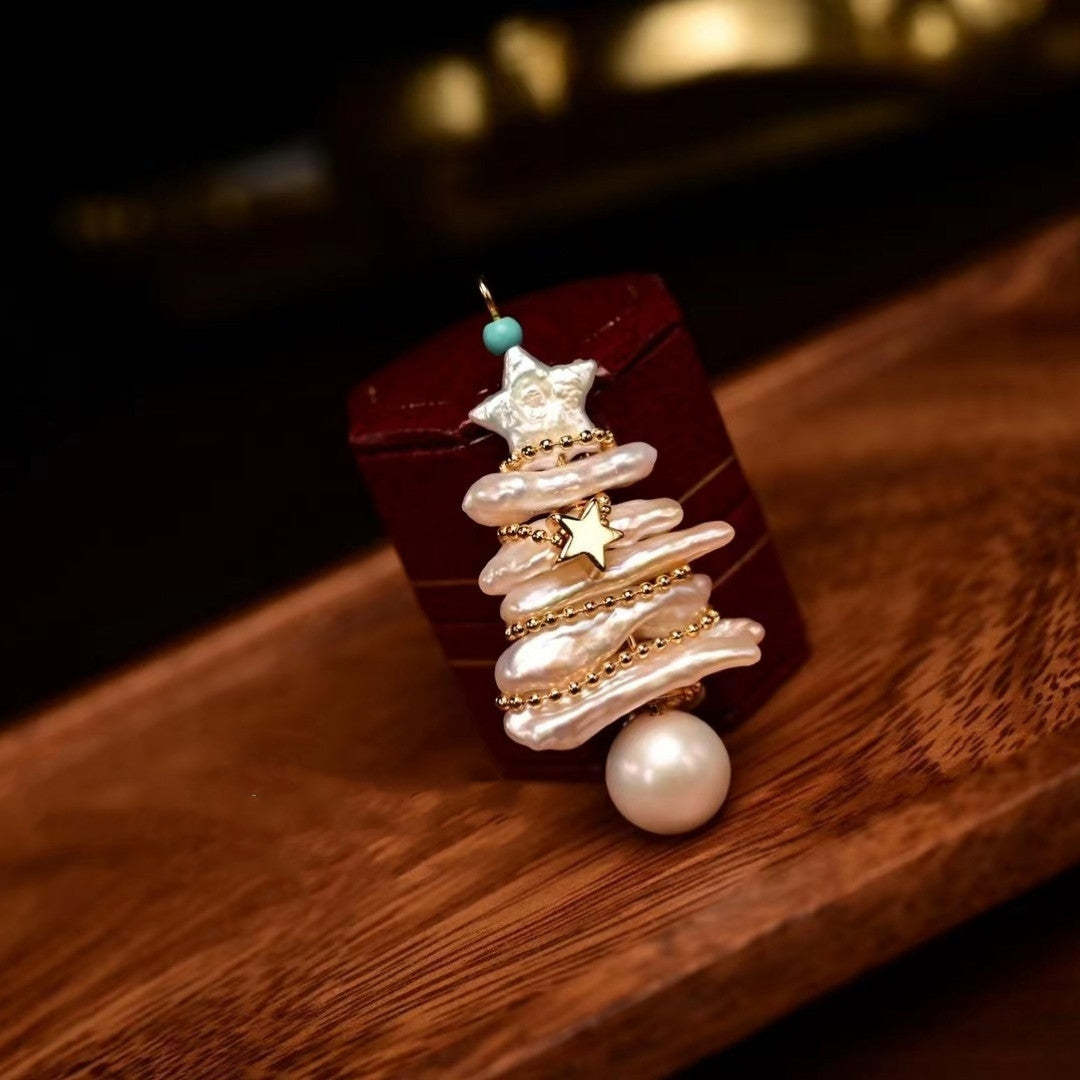 Real Baroque Pearl Necklace Pendant Luxury Christmas Tree Brooch Necklace with Gold Chain