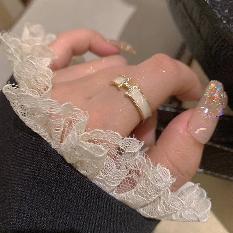 Enamel Adjustable Ring Crystal H Design Mother of Pearl Gold Open Ring