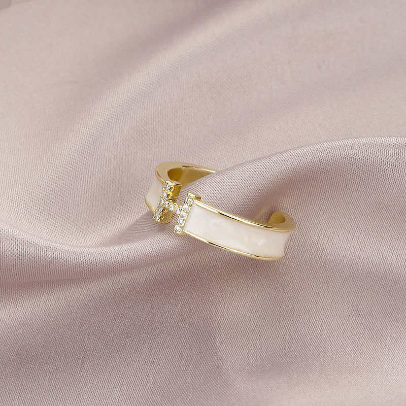 Enamel Adjustable Ring Crystal H Design Mother of Pearl Gold Open Ring